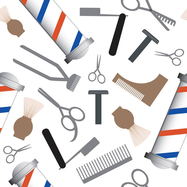 Seamless pattern with scissors, razor, brush, comb as a hairdresser, haircut or barber shop. Stock vector flat illustration with random barbershop objects as texture, background or backdrop - Vector, Image