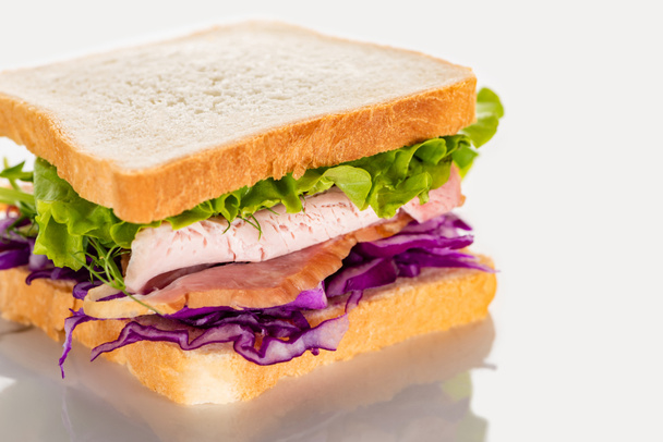 fresh sandwich with red cabbage, lettuce and meat on white surface - Foto, Imagem