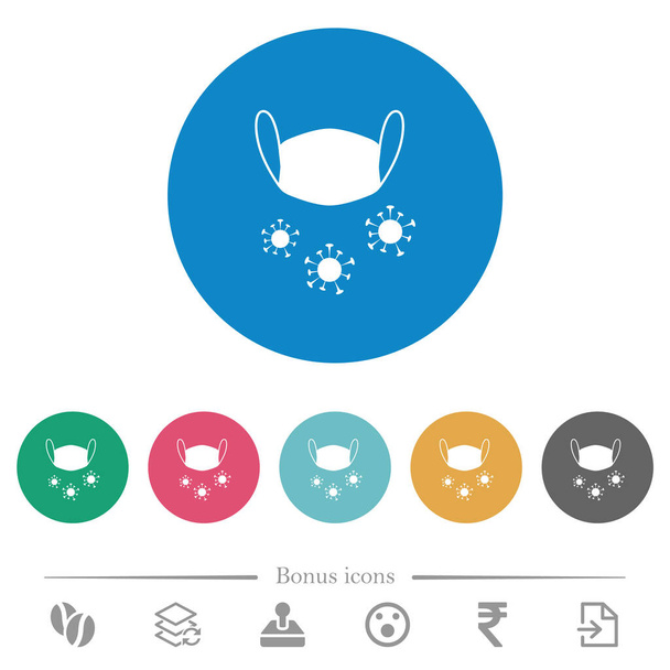 Lékařská maska a korona viry ploché bílé ikony na kulaté barevné pozadí. 6 bonusových ikon zahrnuto. - Vektor, obrázek