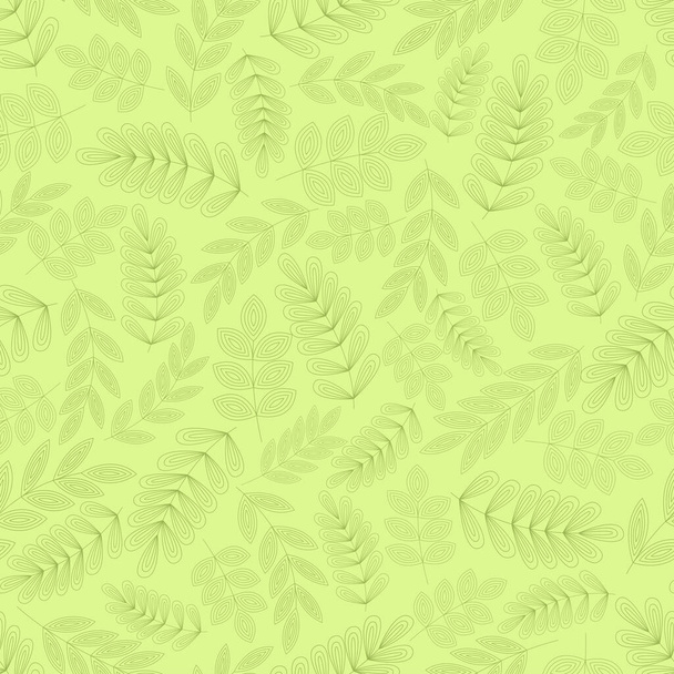Leaves seamless pattern. Line style. Hand-drawn. Doodle. Vector illustration on a green background. For fabrics, wrapping paper. Delicate floral elements. - Vektör, Görsel