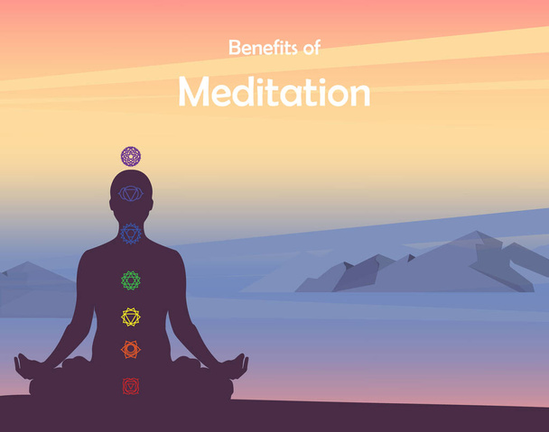 Meditation health benefits for body, mind and emotions, vector infographic with icons set - Vektor, Bild