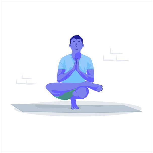 Jongeman in yoga poseert op de vloer. Spirituele oefening, yoga en ademhalingsoefening. Platte cartoon vector illustratie. - Vector, afbeelding