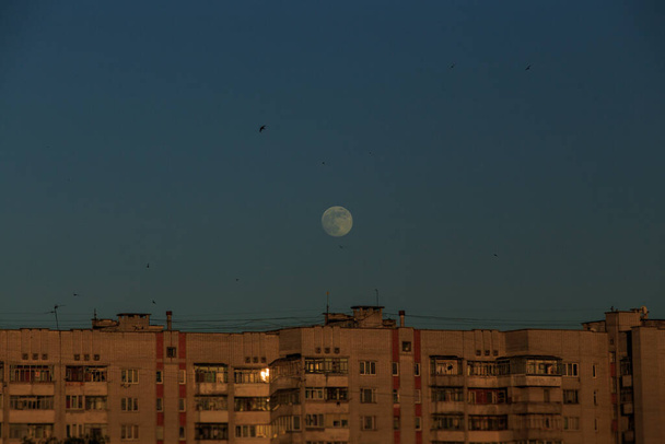 luna llena blanca grande en azul claro sobre un edificio alto urbano en verano de la tarde - Foto, imagen