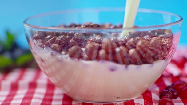 selective focus of milk pouring in bowl with tasty cornflakes isolated on blue - Filmagem, Vídeo