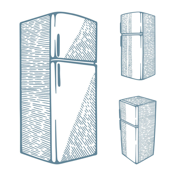 Холодильник. Ескіз малювання подвійних дверей колекції холодильників. Рука намальована верхньою установкою холодильника ілюстрації ізольовані на білому тлі. Частина набору
. - Вектор, зображення