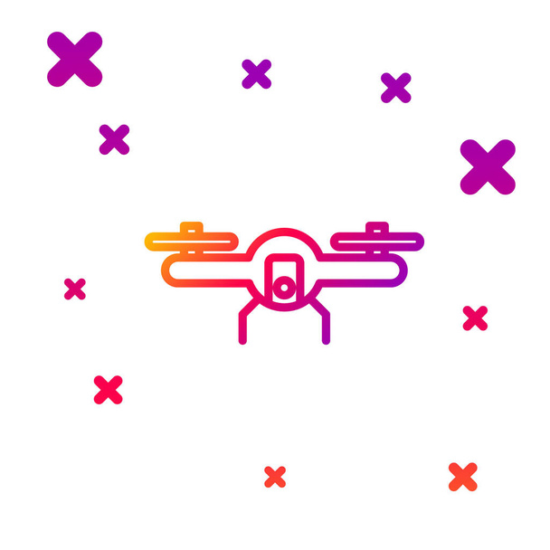 Farblinie Drohne fliegendes Symbol isoliert auf weißem Hintergrund. Quadrocopter mit Video- und Fotokamerasystem. Gradient zufällige dynamische Formen. Vektorillustration. - Vektor, Bild