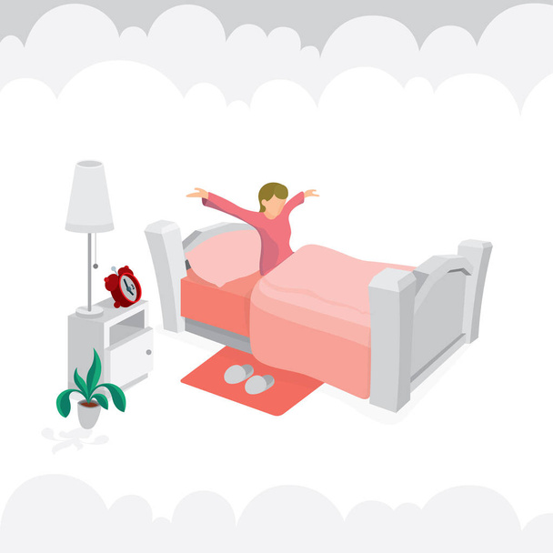 Νεαρή γυναίκα κάθεται στο κρεβάτι με σύννεφα στο παρασκήνιο. Γυναικείος χαρακτήρας που κάθεται στο κρεβάτι αφού ξυπνήσει. Μέρος του συνόλου. - Διάνυσμα, εικόνα