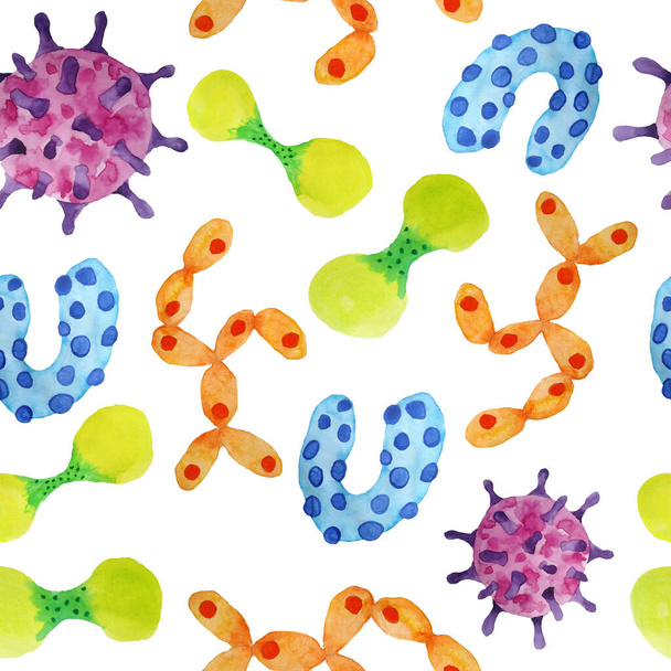 Ручной рисунок акварели бесшовный узор разноцветный желтый оранжевый зеленый фиолетовый вирусы и бактерии изолированный набор. Микроскопические заболевания клеток, вирусы, бактерии и микроорганизмы
 - Фото, изображение