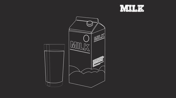 Illustrazione isolata in bianco e nero vettoriale di una scatola di latte e un bicchiere di latte  - Vettoriali, immagini