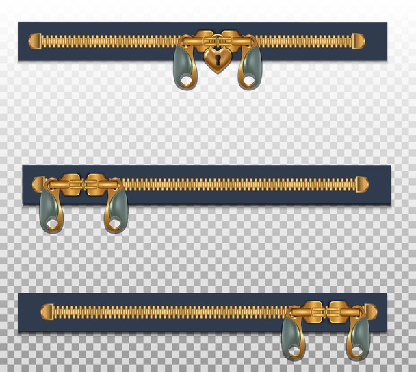 Three zippers for clothes, in two fasteners, closed. Gold color isolated on a transparent background. Vector illustration. - Vector, Image