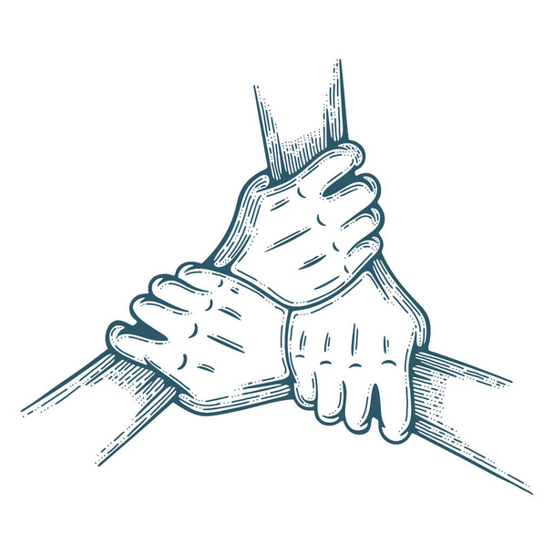 Hände zusammen. Drei Hände halten sich isoliert auf weißem Hintergrund. Teamwork-Konzept Handzeichnung Vektor Illustration. Teil des Sets. - Vektor, Bild