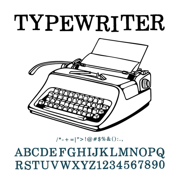 Schrijfmachine. Handgetekende schets retro typemachine vector illustratie en typemachine lettertype. Deel van de verzameling. - Vector, afbeelding