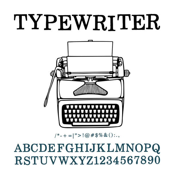 Uma máquina de escrever. Desenho à mão esboço retro typewriter vector illustration and typewritten font. Parte do conjunto
. - Vetor, Imagem
