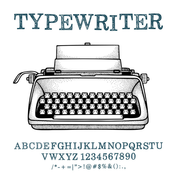 Uma máquina de escrever. Desenho à mão esboço retro typewriter vector illustration and typewritten font. Parte do conjunto
. - Vetor, Imagem