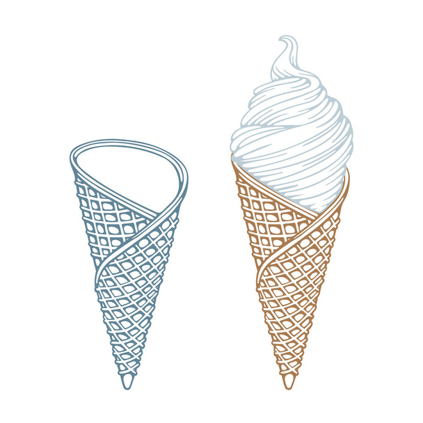 Conjunto de ilustraciones vectoriales dibujadas a mano de helados y gofres. Parte de la colección
.  - Vector, Imagen