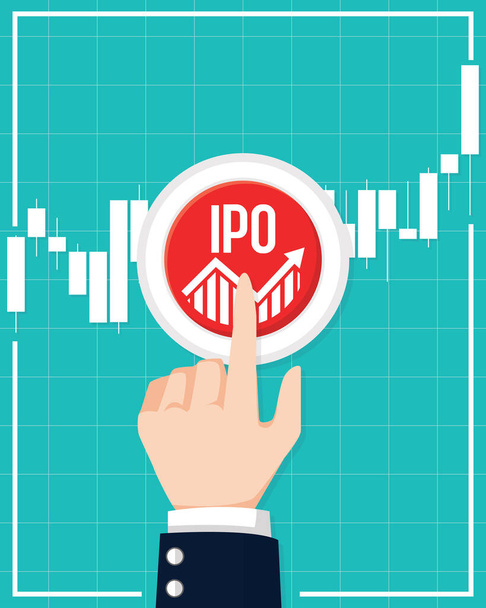 IPO lub Initial Public Offering Corporate Stock Market, koncepcja rozwoju firmy. Projektowanie przez elementy wykresów finansowych i człowiek biznesu nacisnąć przycisk. Ilustracja wektorowa inwestycji typu start-up i strategii - Wektor, obraz