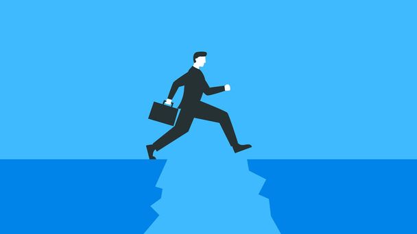 Kolorowa ilustracja biznesmena z teczką skaczącą przez otchłań. Reprezentuje koncepcję przezwyciężenia trudności, osiągnięcia celu, rozwoju biznesu i postępu - Wektor, obraz