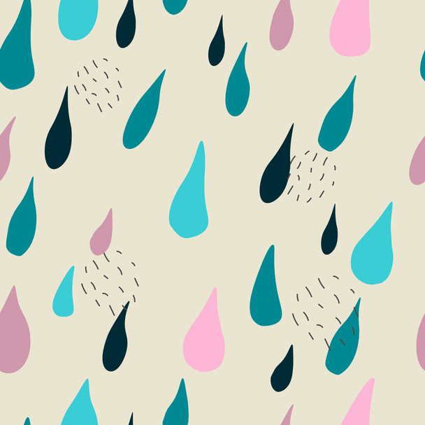 Seamless pattern of raindrops. Hand-drawn vector. Spots, dots. New modern style. Blue, violet, green elements on an isolated light background. For printing on packaging, fabrics. - Διάνυσμα, εικόνα
