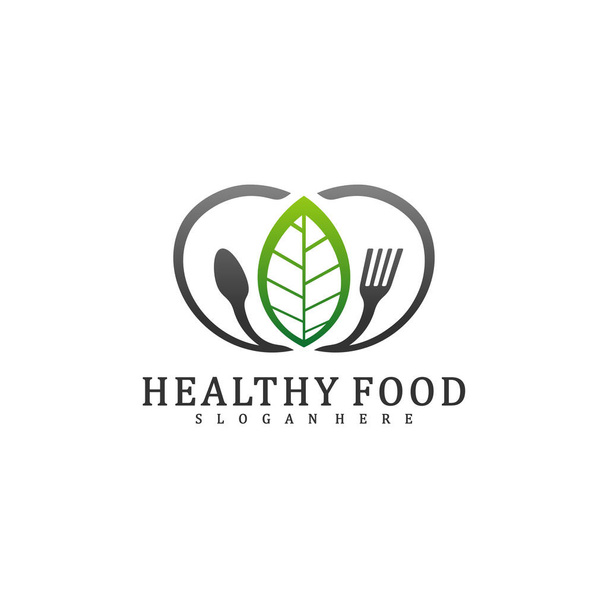 Healthy Food Logo Design Template, Food with leaf logo design concept vector, Icon Symbol - Вектор,изображение