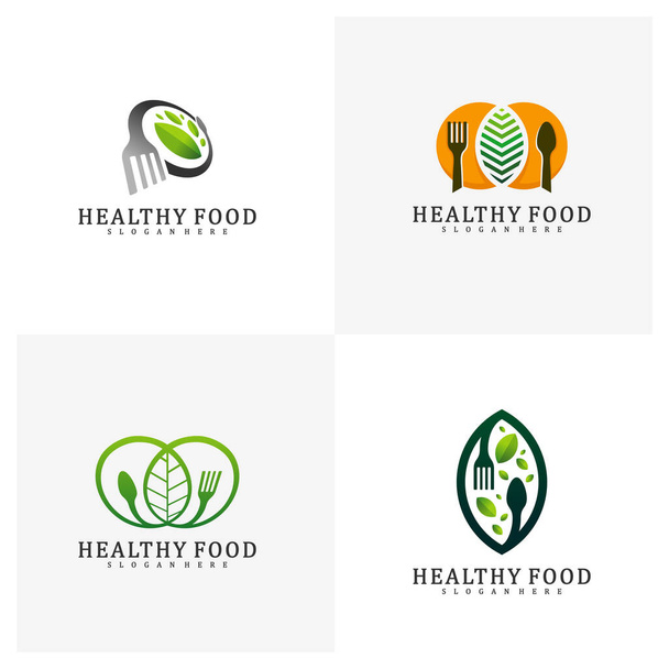 Set of Healthy Food Logo Design Template, Food with leaf logo design concept vector, Icon Symbol - Vetor, Imagem