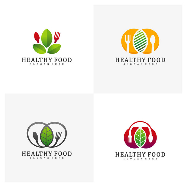 Set of Healthy Food Logo Design Template, Food with leaf logo design concept vector, Icon Symbol - Вектор, зображення