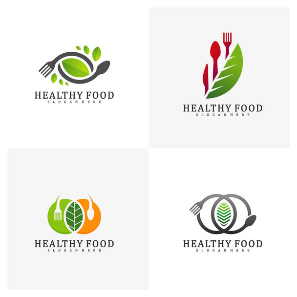 Set of Healthy Food Logo Design Template, Food with leaf logo design concept vector, Icon Symbol - Вектор,изображение