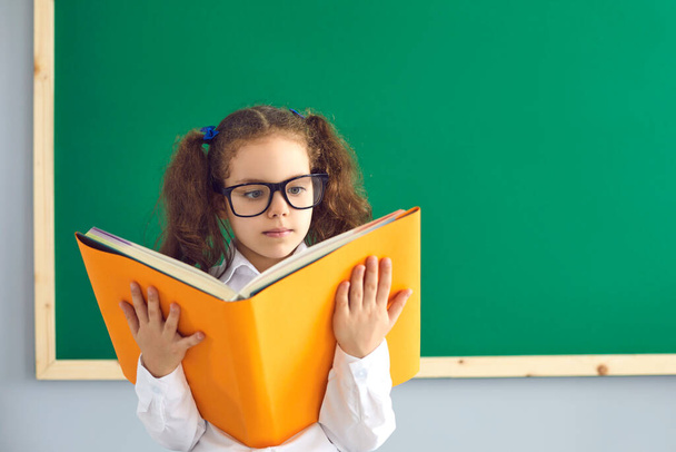 Back to school. Smart little girl in glasses reading huge book near blackboard at classroom. Cute first grader studying at school - Foto, immagini