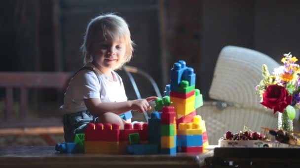 Cute beautiful child, blond kid, reading book and playing with construction blocks in a cozy attic room, filled with light - Кадры, видео