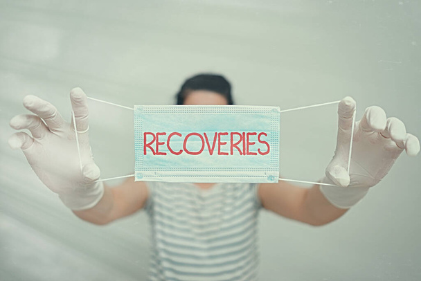 Text sign showing Recoveries. Conceptual photo process of regaining possession or control of something lost Promoting health awareness with set of medical precautionary equipment. - Photo, Image
