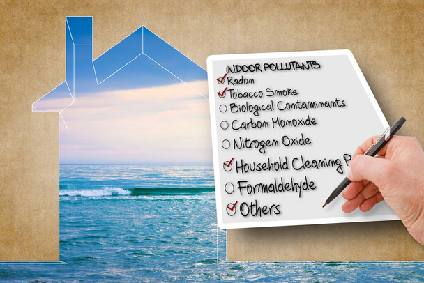 Hand write a check list of indoor air pollutants - concept image against the purity of a natural background - Photo, Image