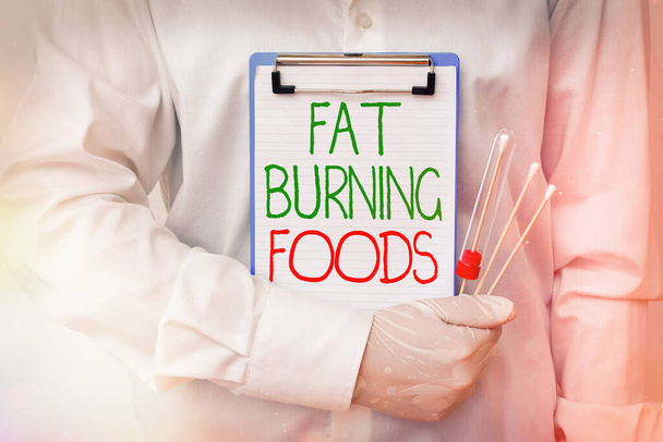 A Fat Burning Foods-ot ábrázoló levél. Üzleti fotó bemutatása termel zsírégetést serkenti az anyagcserét, hogy csökkentse az étvágyat Laboratóriumi vérvizsgálat minta orvosi diagnosztikai elemzés. - Fotó, kép
