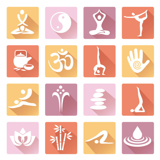 Uzun gölgeli spa yoga masajı ikonları. Sağlıklı yaşam sembolleri olan renkli web simgeleri. Beyaz arka planda izole edilmiş. Kullanılabilir vektör. - Vektör, Görsel