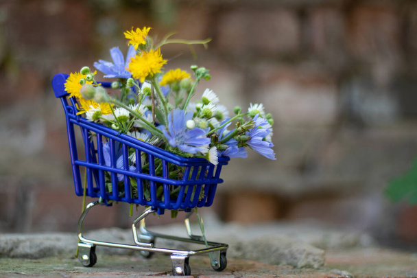 blue basket with supermarket full of flowers in spring on the street on the road - Foto, Imagem