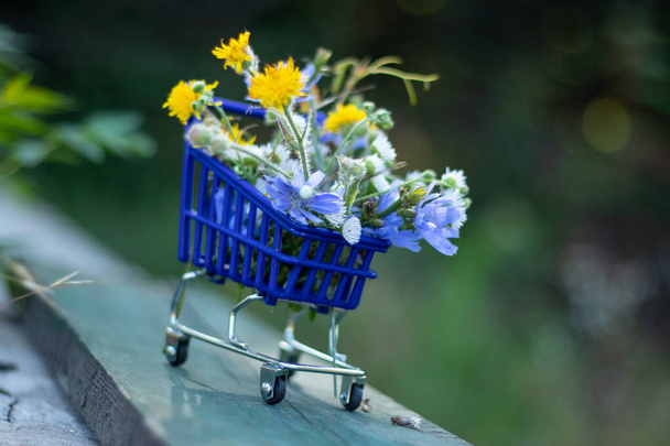 blue basket with supermarket full of flowers in spring on the street on the road - Photo, image