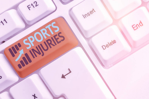 Handwriting text Sports Injuries. Concept meaning injuries that occur when engaging in sports or exercise White pc keyboard with empty note paper above white key copy space. - Photo, Image