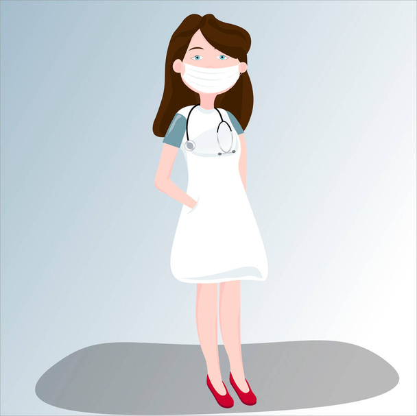 Woman doctorYoung, cute girl, doctor, in a mask and medical uniform with a stethoscope on his neck and hand in his pocket. Medical worker in the hospital, care for the health of sick patients. Vector image. - Vector, Image