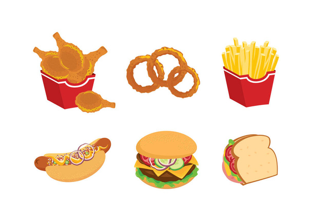 Favori fast food ikonu se vektörü. Kızarmış tavuk budu, soğan halkaları, patates kızartması, sosisli sandviç, hamburger, sandviç ikonu vektörü. Fast food simgesi beyaz arkaplanda izole edildi - Vektör, Görsel