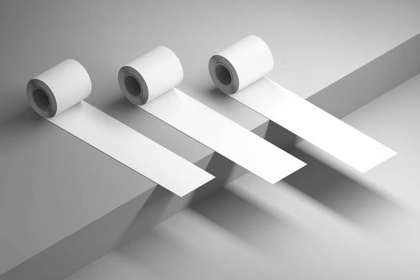 Mockup template with diagonal isometric arrangement of three duct tape rolls on dark surface corner. 3d illustration. - Foto, Bild