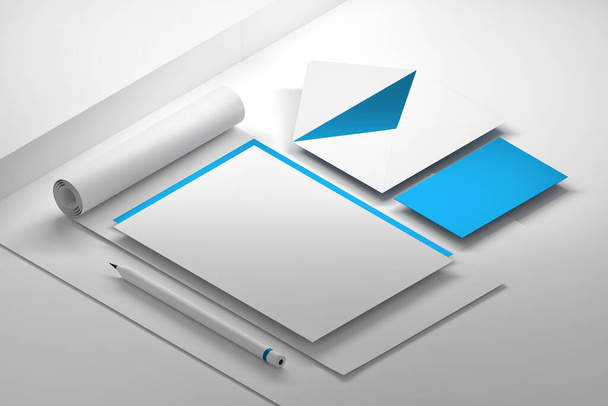 Collection of mockup documents - A4 paper sheet, pencil, envelope and blue business card. 3d illustration. - Foto, imagen