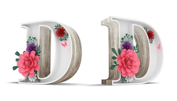 Alfabeto de madeira e decoração de flores coloridas em fundo branco com caminhos de recorte. ilustração de renderização 3d
. - Foto, Imagem
