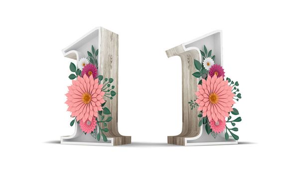 Hout nummer en kleurrijke bloem decoratie op witte achtergrond met clipping paden. 3d weergave illustratie. - Foto, afbeelding