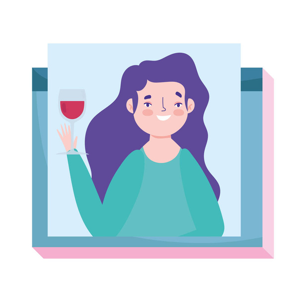 online party, birthday or meeting friends, woman with wine cup celebrating - Vector, Image