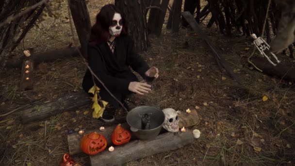 Czarodziejstwo czarownicy nad palącym kotłem w leśnej chatce - Materiał filmowy, wideo