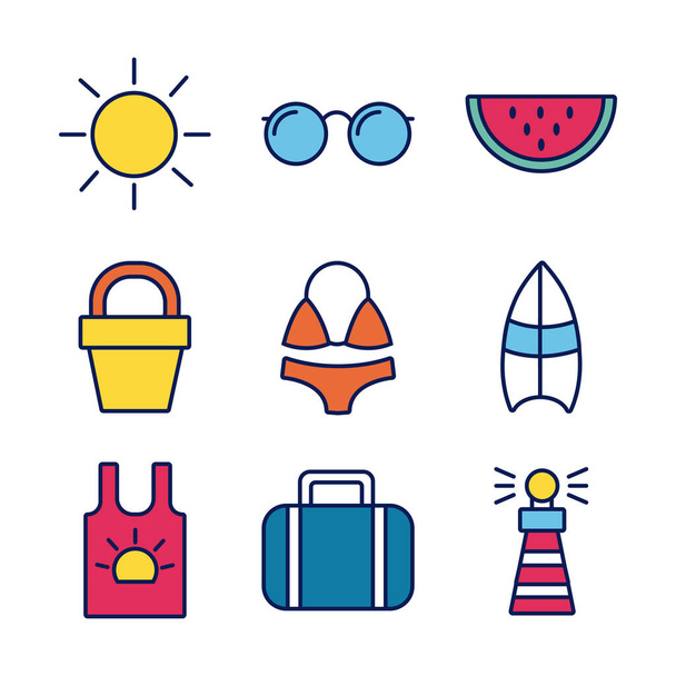 bundle of summer vacations set icons - Vector, Image