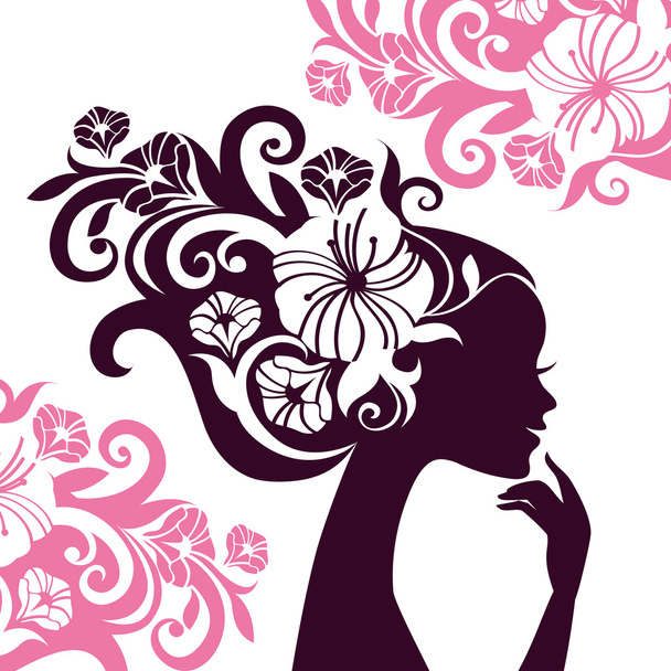 Piękna kobieta sylwetka z kwiatami - Wektor, obraz