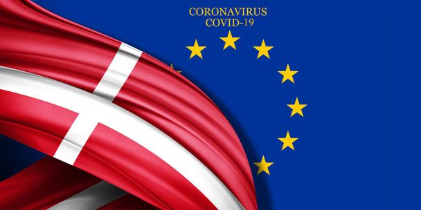Denmark flag of silk with text coronavirus covid-19 and Europe flag background - Photo, image