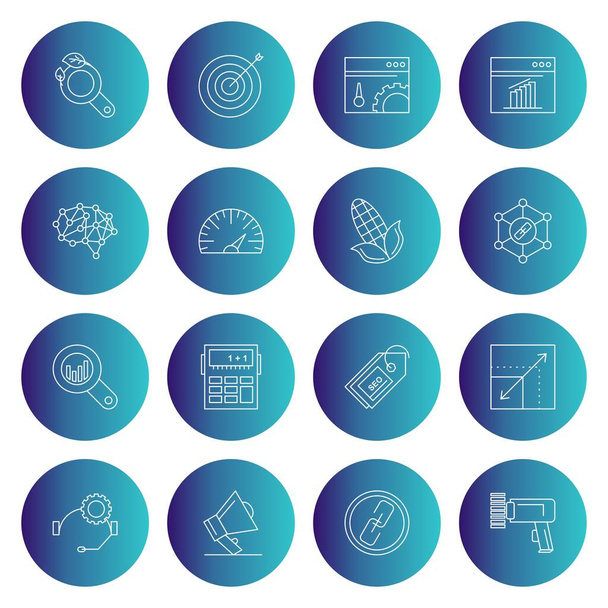 16 blauwe pictogrammen voor mobiele applicatie en website, vectorillustratie  - Vector, afbeelding