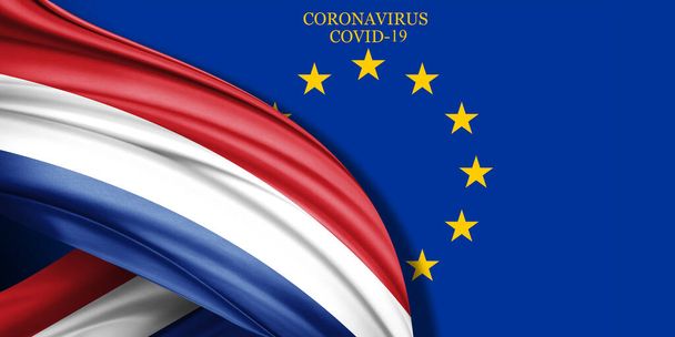Nizozemská vlajka z hedvábí s textem coronavirus covid-19 a pozadím vlajky Evropy - Fotografie, Obrázek