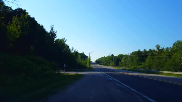 Uitkijkpunt van het naderen van motorvoertuigen vanaf de kant van de weg in de zomer. Uitzicht op de weg van inkomend vervoer van snelheidsbegrenzer Perspectief. - Video