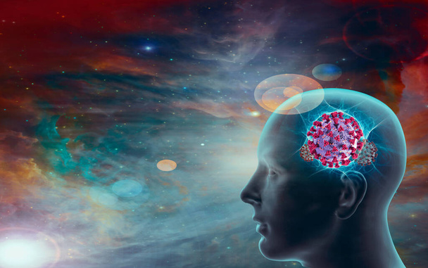 ihmisen pään siluetti aivojen virusten kanssa - Valokuva, kuva